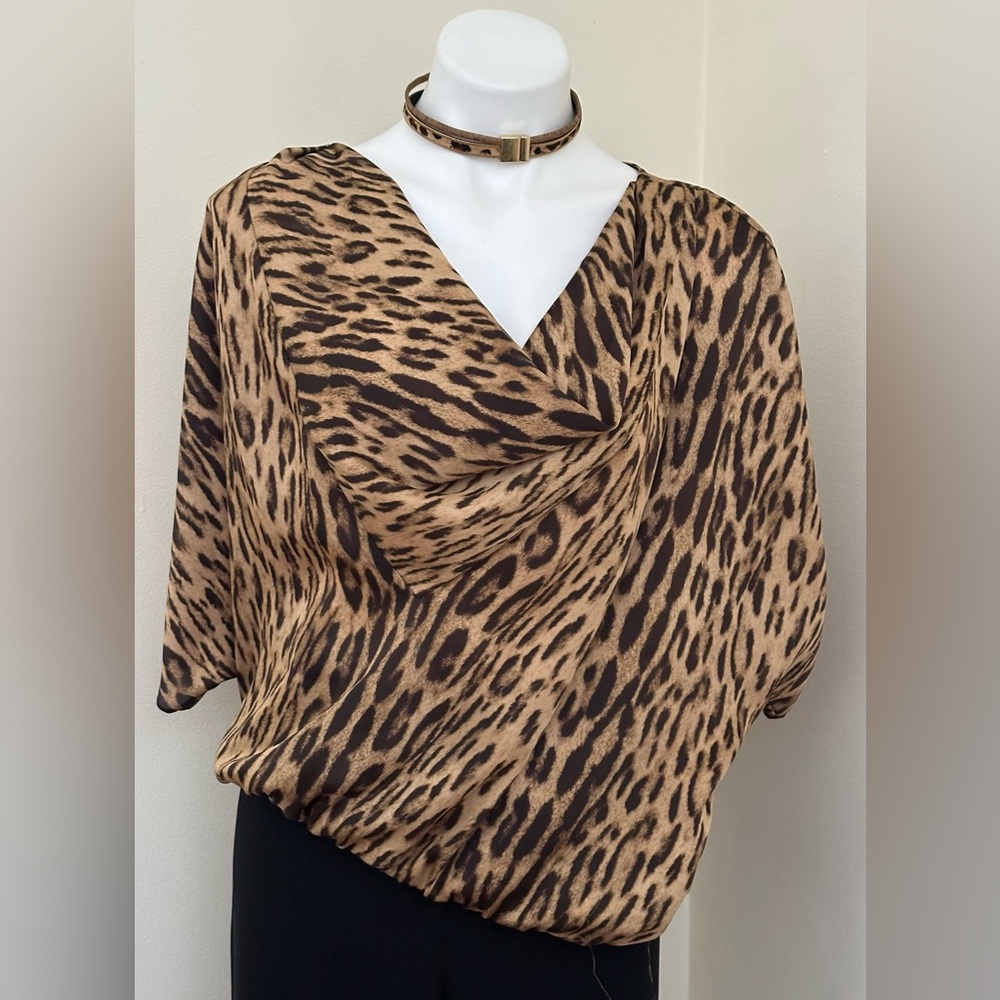 MICHAEL CORS Tan & Brown Leopard Print Cowl V Neck  Short Batwings Sleeves Sz 3X